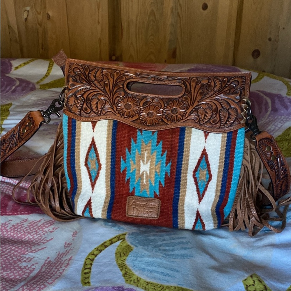American Darling Multicolor Southwestern Crossbody Bag with Tooled Leather Trim